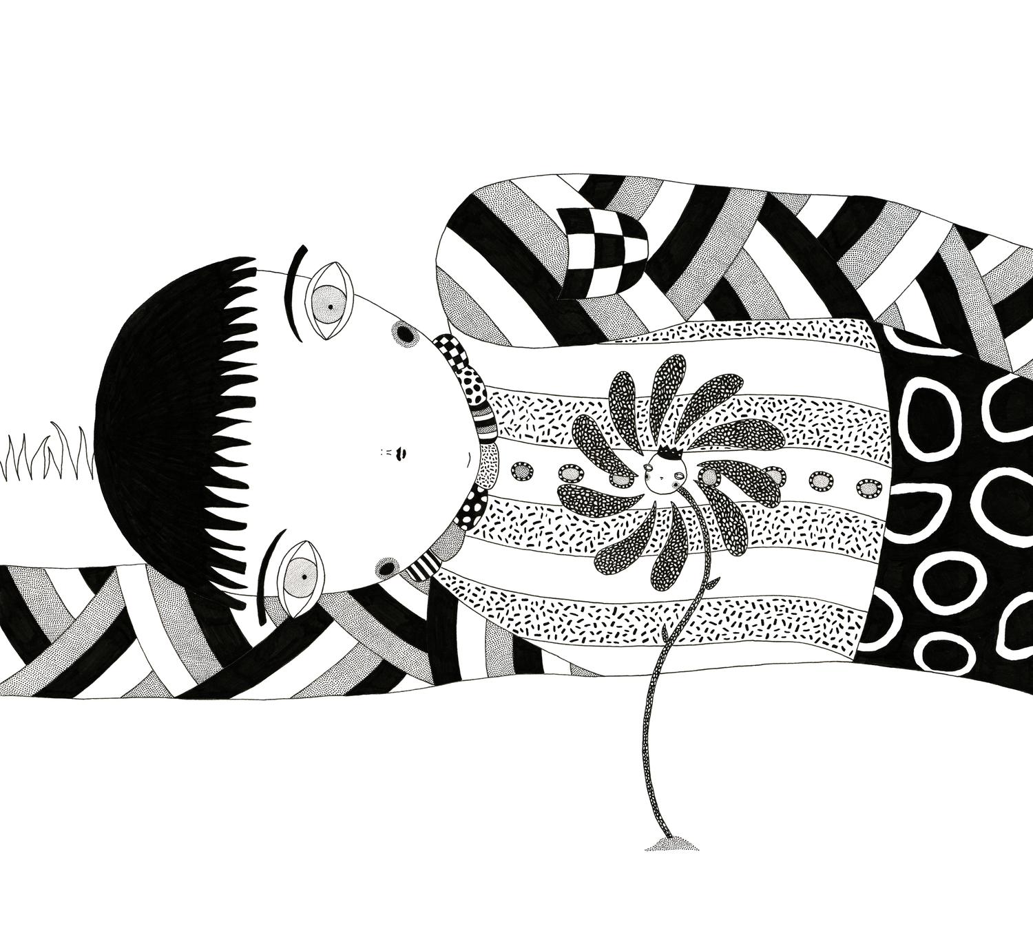 Black and white traditional 2d pen and ink illustration of an anime character lying sideways on grass looking at a personified flower