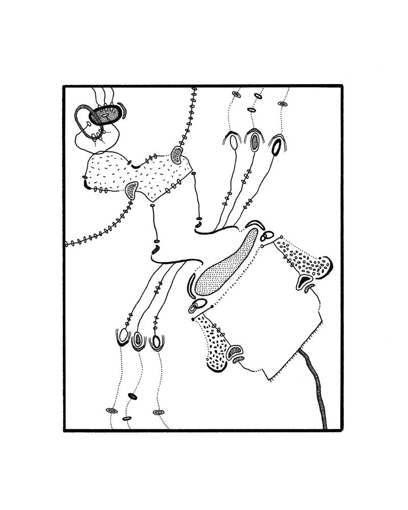 Experimental, black and white, freehand pen and ink drawing. Small, abstract, floating shapes connect with one another to create abstract structures. 
