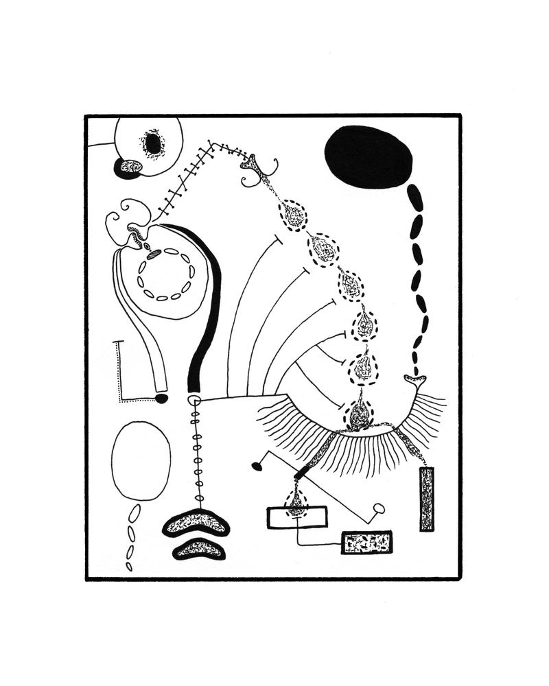Experimental, black and white, freehand pen and ink drawing. Small, abstract, floating shapes connect with one another to create abstract structures. 
