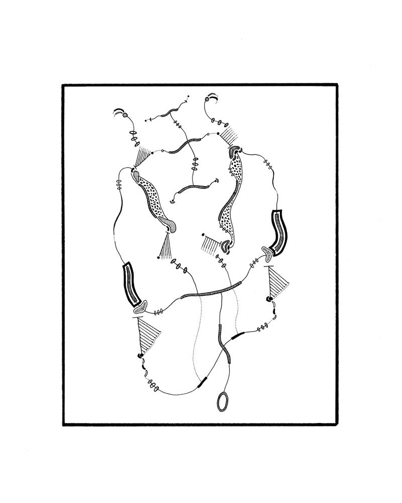 Experimental, black and white, freehand pen and ink drawing. Small, abstract, floating shapes connect with one another to create abstract structures. 