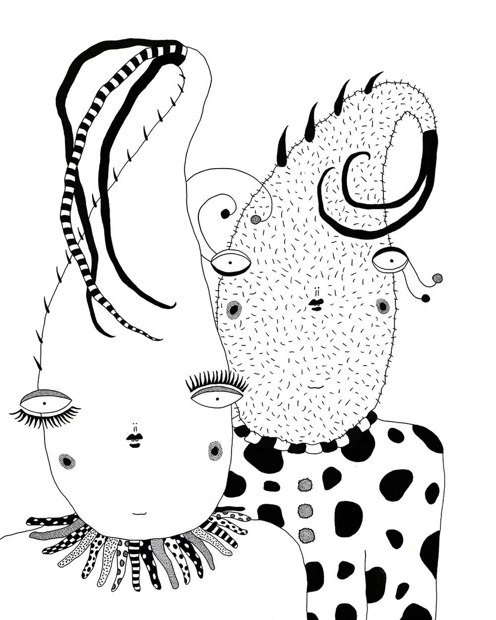 A close up pen and ink drawing of two alien-like creatures who stand facing the camera. They are wearing heavily patterned harlequin style outfits and have abstract makeup and unique features. The illustration is black and white and has a surreal,  sci-fi fantasy feel.
