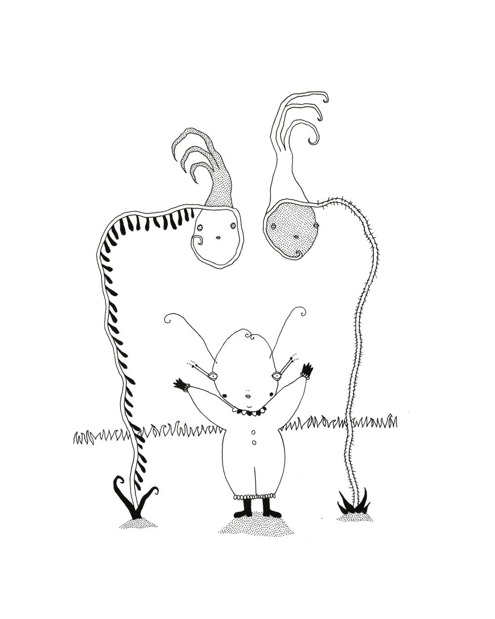 A surreal, abstract, sci-fi, black and white, pen and ink illustration; a small, cute, baby alien creature stands on a grassy landscape with its arms in the air. Two unique, personified, spikey flowers are on either side of it.