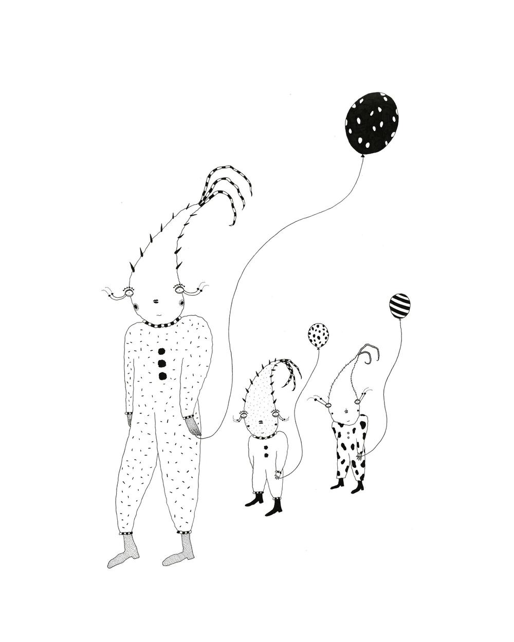 A surreal, abstract, black and white, science fiction, pen and ink drawing; three cute, alien-like characters walk in a line while holding striped and polka-dotted balloons. They have unique features and are wearing patterned clothing.