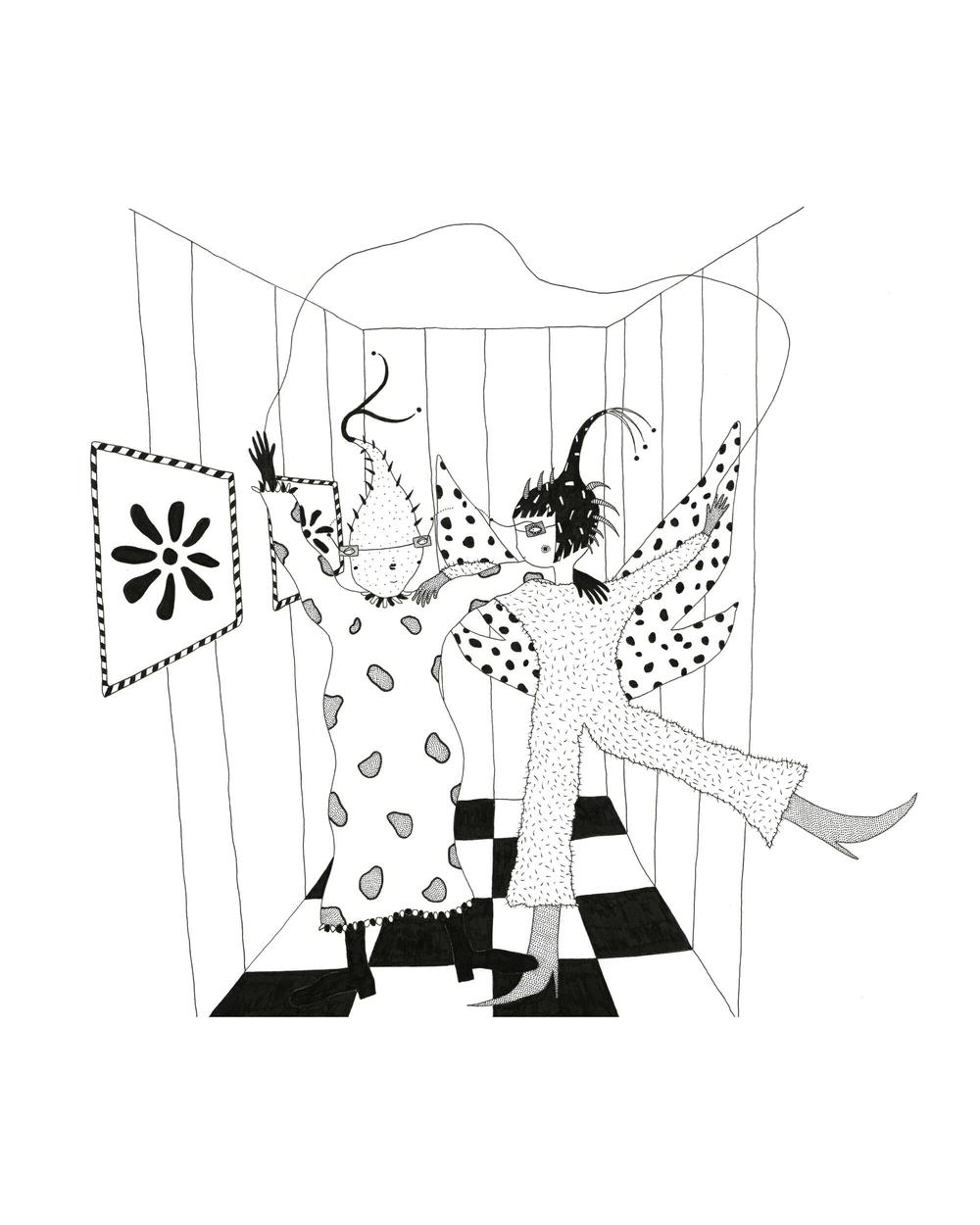A surreal, abstract, sci-fi, black and white, pen and ink illustration; two friends embrace each other while dancing in a small, checkered floor room. Both wear fashionable, patterned clothing. One character has alien-like features while the other’s features are fairy-like.