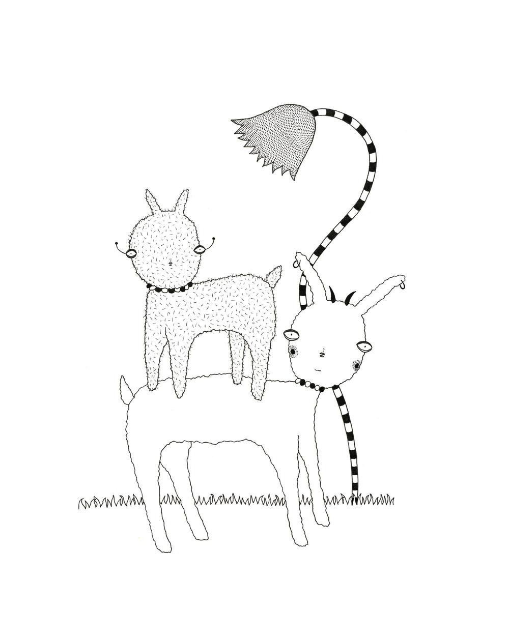 A surreal, science fiction, abstract, black and white pen and ink drawing; two cute, fuzzy, sheep-like creatures stand on a grassy landscape with a striped flower behind them. One sheep stands on top of the other.