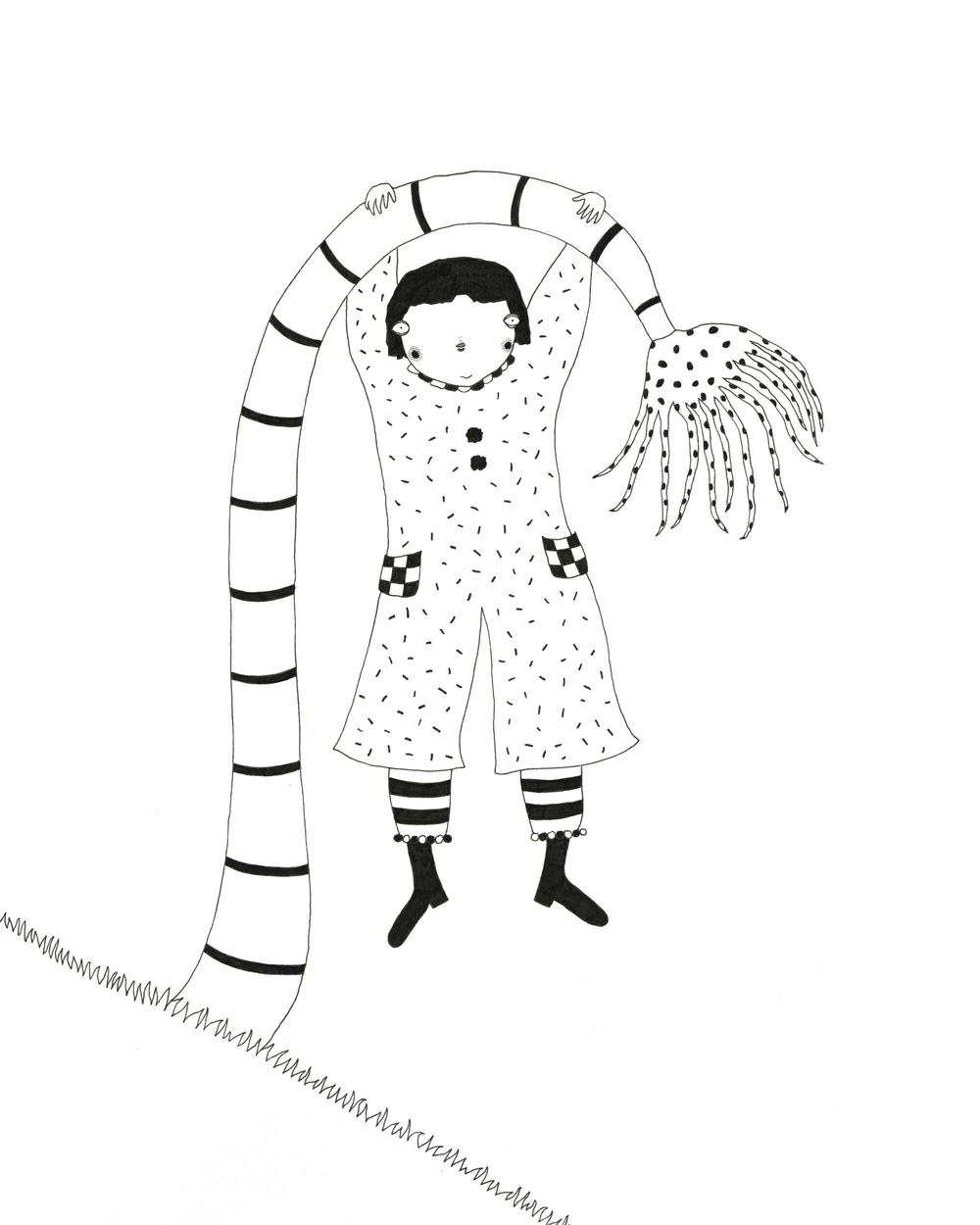 A freehand, traditional, pen and ink cartoon illustration; a cute, chubby, patterned character hangs from an abstract tree on a grassy hill. The tree is covered with polka dots and stripes.