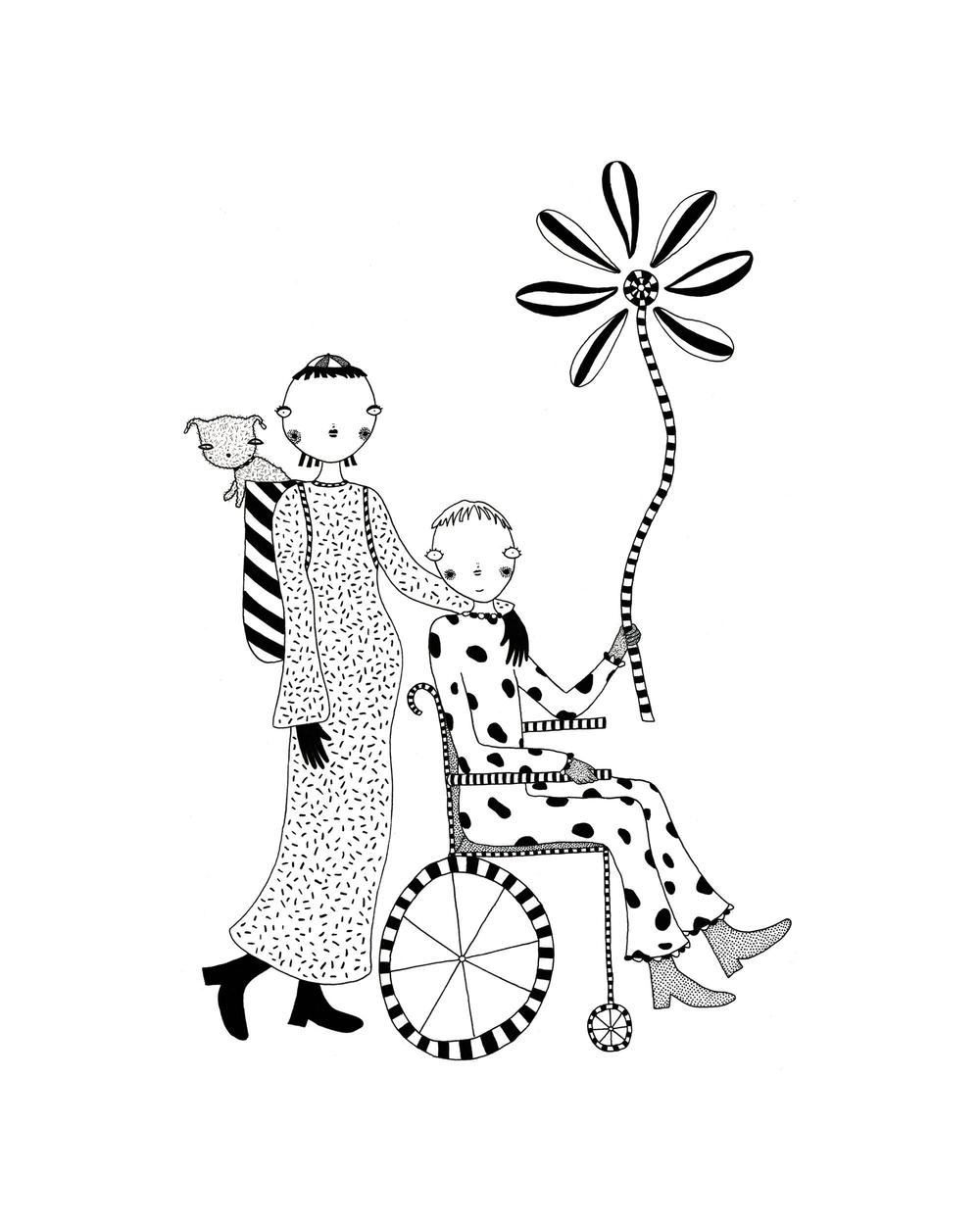 An abstract, patterned, black and white, pen and ink illustration; two androgynous characters and a small, fuzzy dog face the camera. One sits in a wheelchair and holds onto a giant striped flower. The other is pregnant and stands behind, with its arm resting on the shoulder of the sitting character. The standing character wears a striped backpack, and the small dog is peaking out of it.