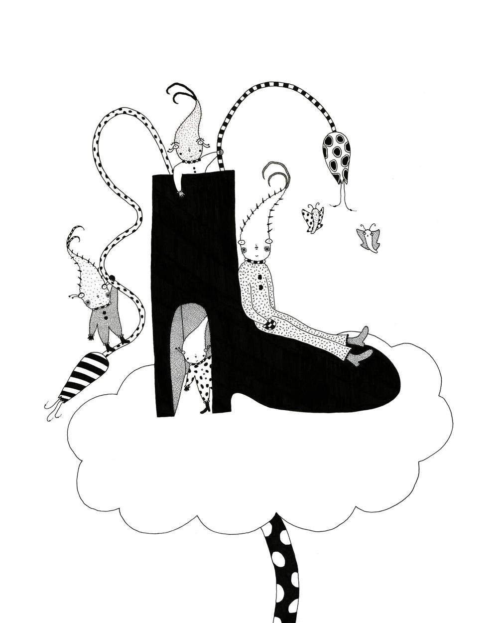 An abstract, science fiction fantasy style illustration drawn with pen and ink; cute, alien-like creatures live in a shoe house on top of a cloud. They wear patterned clothing, and flowers and butterflies surround them.