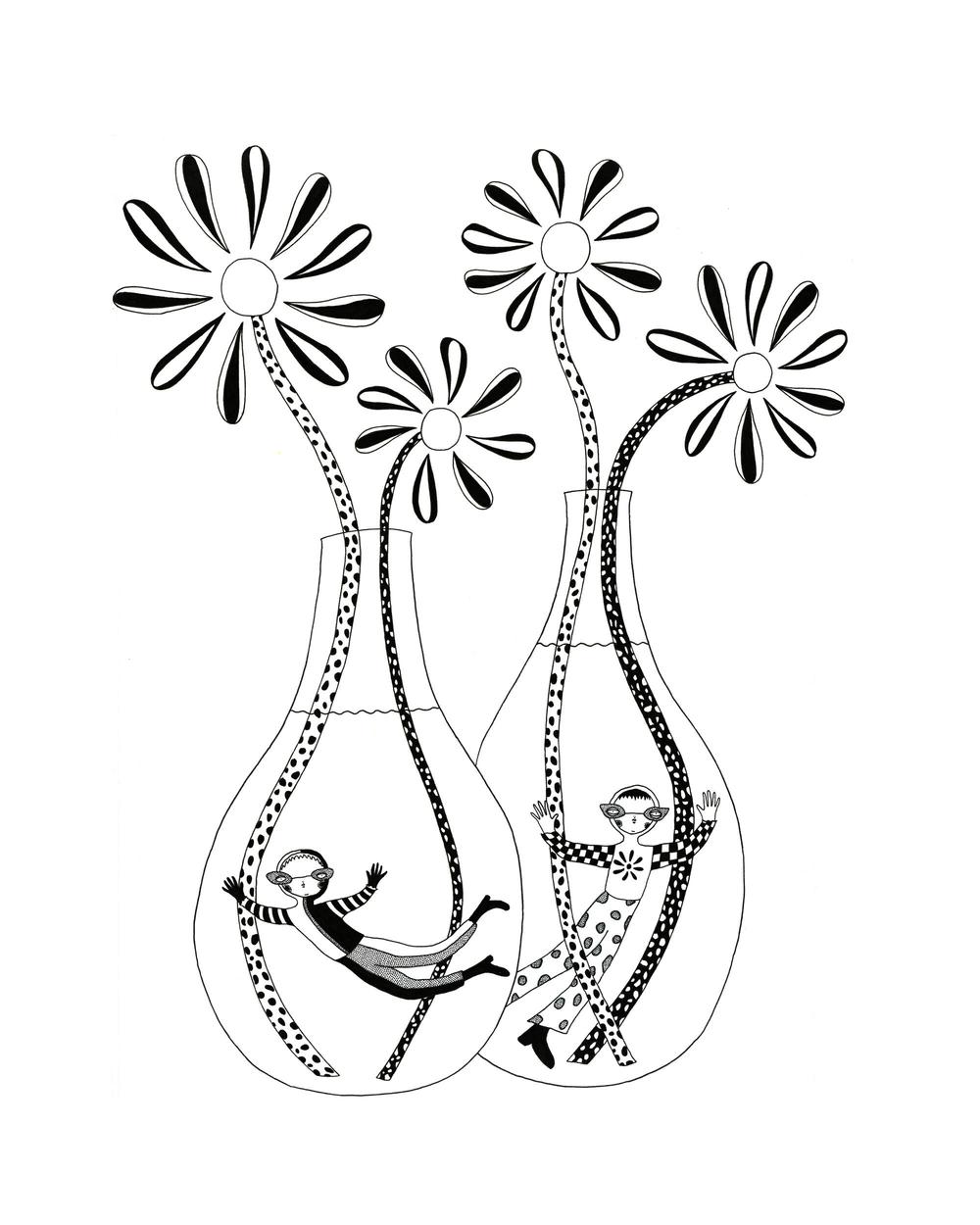 A detailed black and white, pen and ink illustration of patterned flowers inside two see-through, water-filled vases. Small, cute cartoon characters swim inside of the vases. The drawing has an abstract, surreal style.