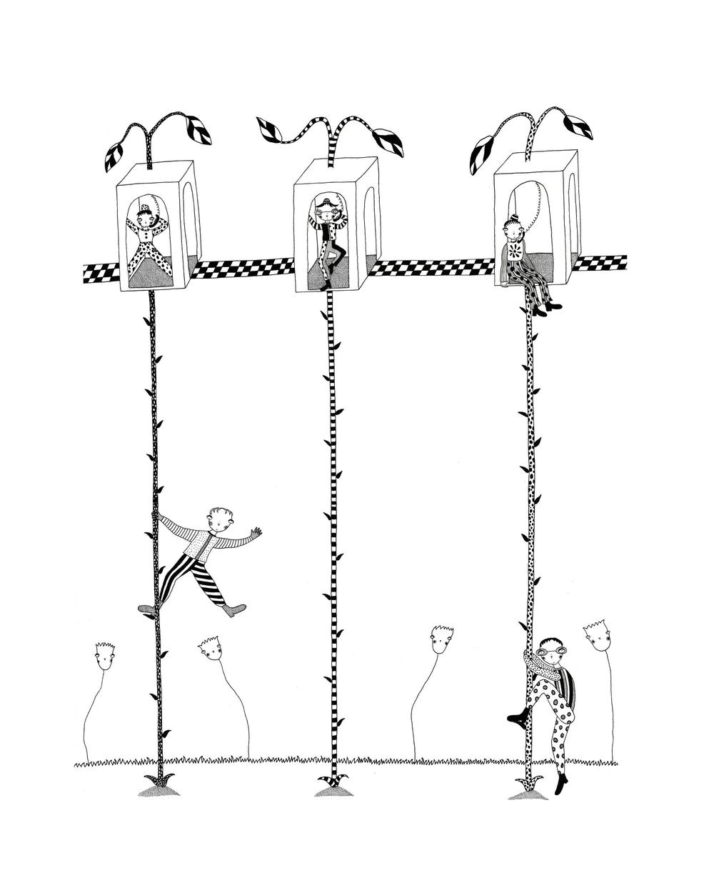 A surreal, patterned, ink and pen illustration of harlequin style characters in a grassy, flowered landscape. There are telephone booths at the top of three beanstalks, which cartoon characters are trying to climb.