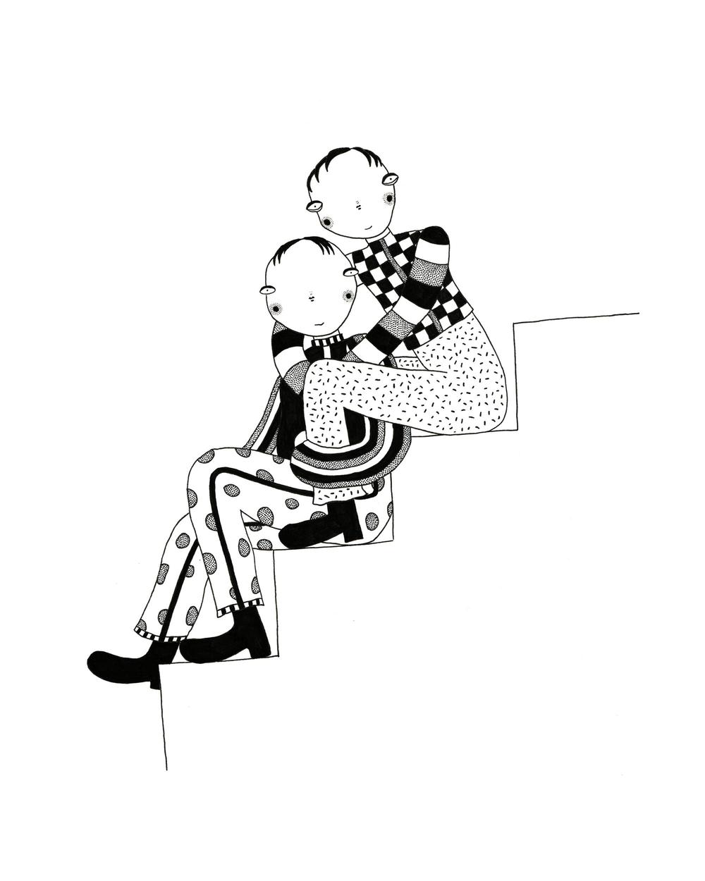 Patterned, black and white, ink and pen drawing; androgynous, queer, fashionable cartoon characters hug while sitting on stairs.