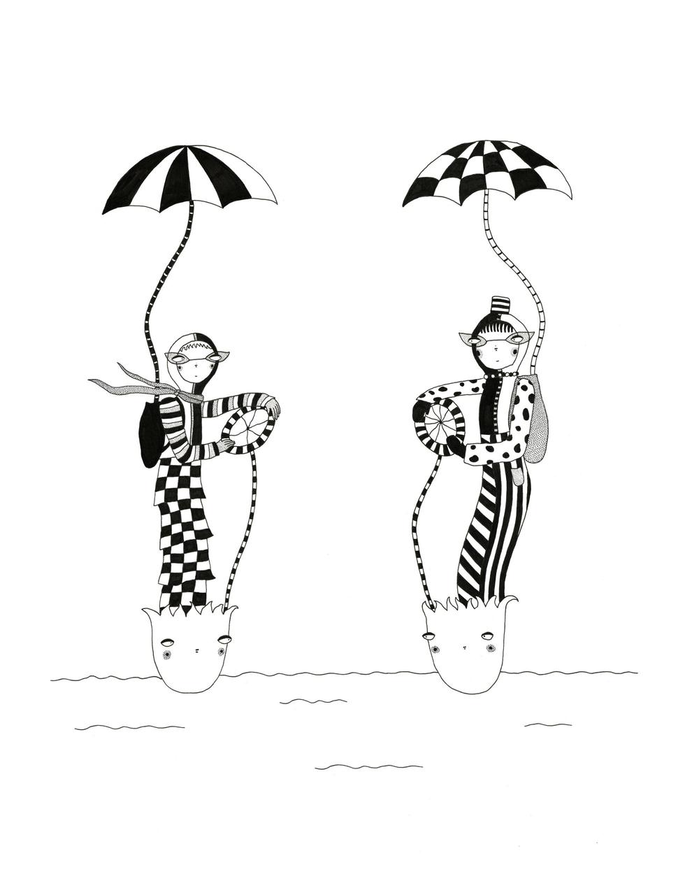 A surreal, dreamy, black and white pen and ink illustration; two characters wearing patterned clothing are driving flower boats in the ocean. They have umbrellas coming out of their backpacks and are looking at one another.