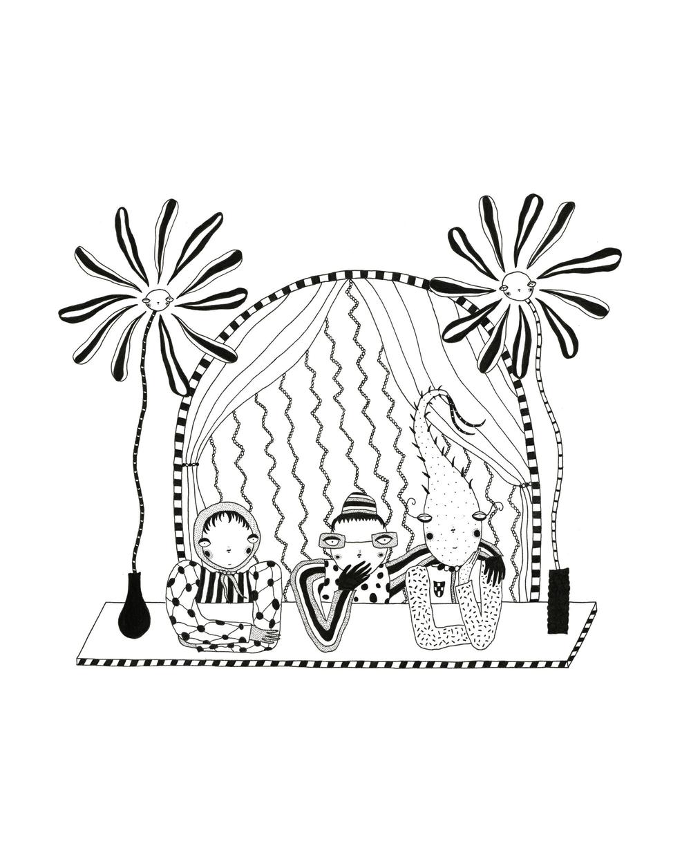 A surreal, abstract, patterned, black and white pen and ink illustration; three cartoon characters look out from a window balcony with personified, striped flowers on each side. The anime-style characters are wearing polka-dotted and striped clothing.