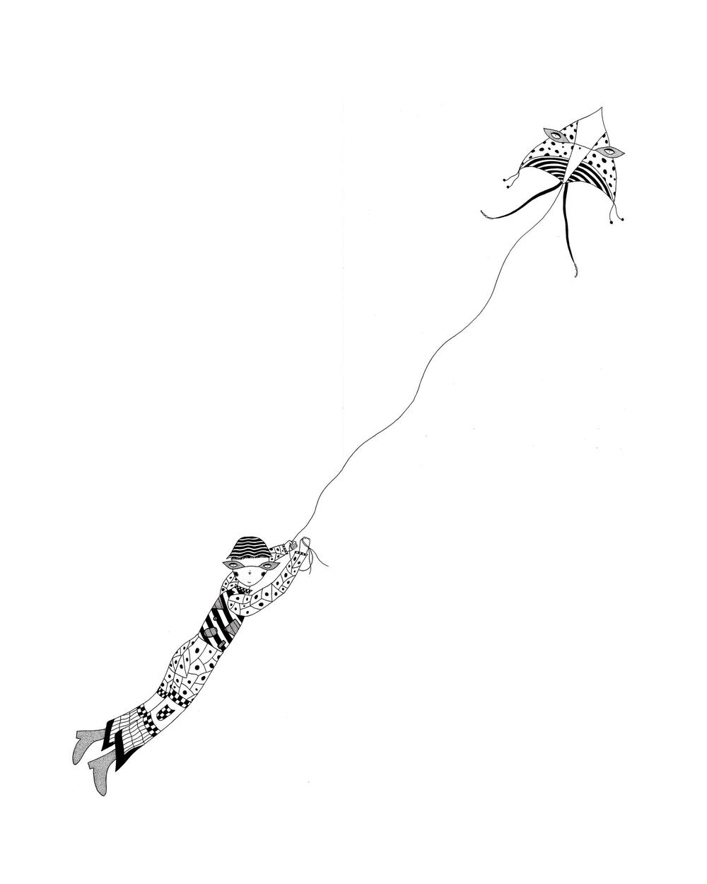 A surreal, abstract, black and white pen and ink illustration; a patterned, harlequin style character is floating in the sky while holding onto a personified kite.