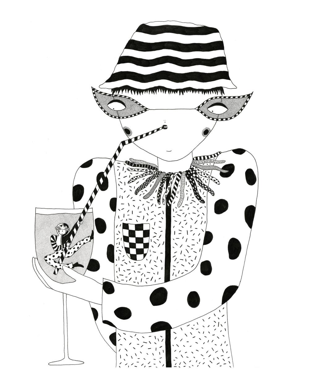 A surreal, abstract, black and white pen and ink illustration; a giant cartoon character wearing heavily patterned clothing holds onto a wine glass, sipping from a striped straw. A smaller character inside of the wine glass holds onto the straw. They wear polka-dotted, striped, harlequin style fashions.