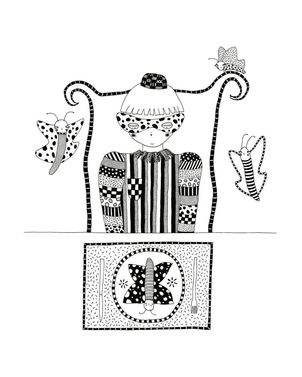 A surreal, dream-like, black and white pen and ink illustration; a heavily patterned, masked, androgynous character sits at a table with three butterflies flying around. There is a fork, knife, plate, and place matt on the table. There is a butterfly being served on the plate.