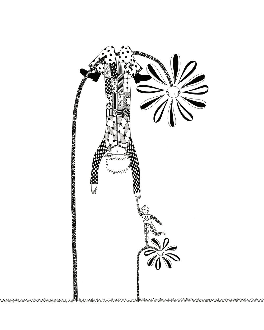 A surreal, abstract, black and white pen and ink illustration; one giant and one small flower appear on a flat, grassy landscape. A giant harlequin style character hangs upside down from the larger flower. A smaller patterned character stands on top of the smaller flower. The characters reach towards each other and touch their index fingers. 