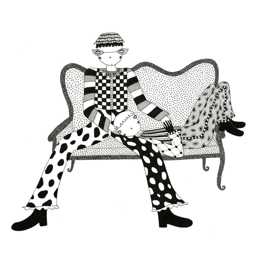 A surreal, abstract, black and white pen and ink illustration; two cute, androgynous, queer characters are on an antique couch. One of the characters sits upright, while the other lies down and rests its head on the other’s lap. They are wearing heavily patterned outfits and hold hands lovingly.