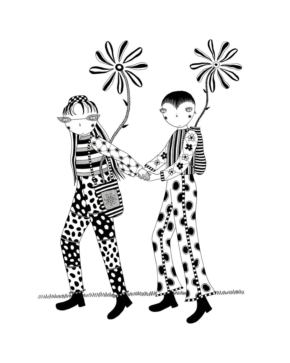 Two queer, female, anime-style cartoon characters hold hands while walking on a grassy landscape, on a picnic. They are dressed in patterned, punk style fashion, and both are carrying giant flowers in their backpacks.