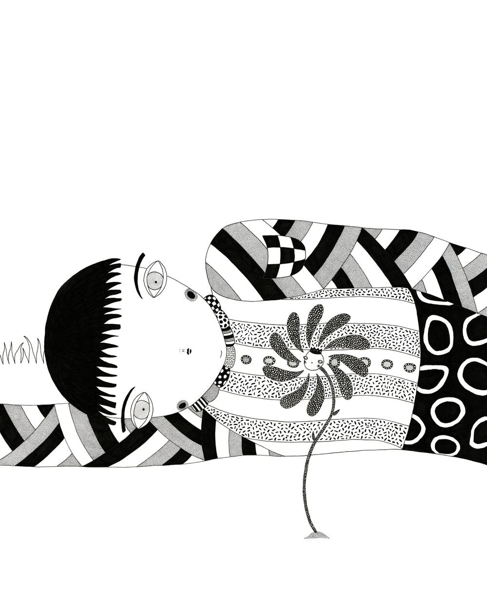 Black and white traditional 2d pen and ink illustration of an anime character lying sideways on grass looking at a personified flower