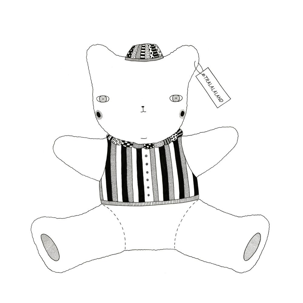 Pen drawn illustration of cute cartoon teddy bear, wearing a striped top and patterned hat. 