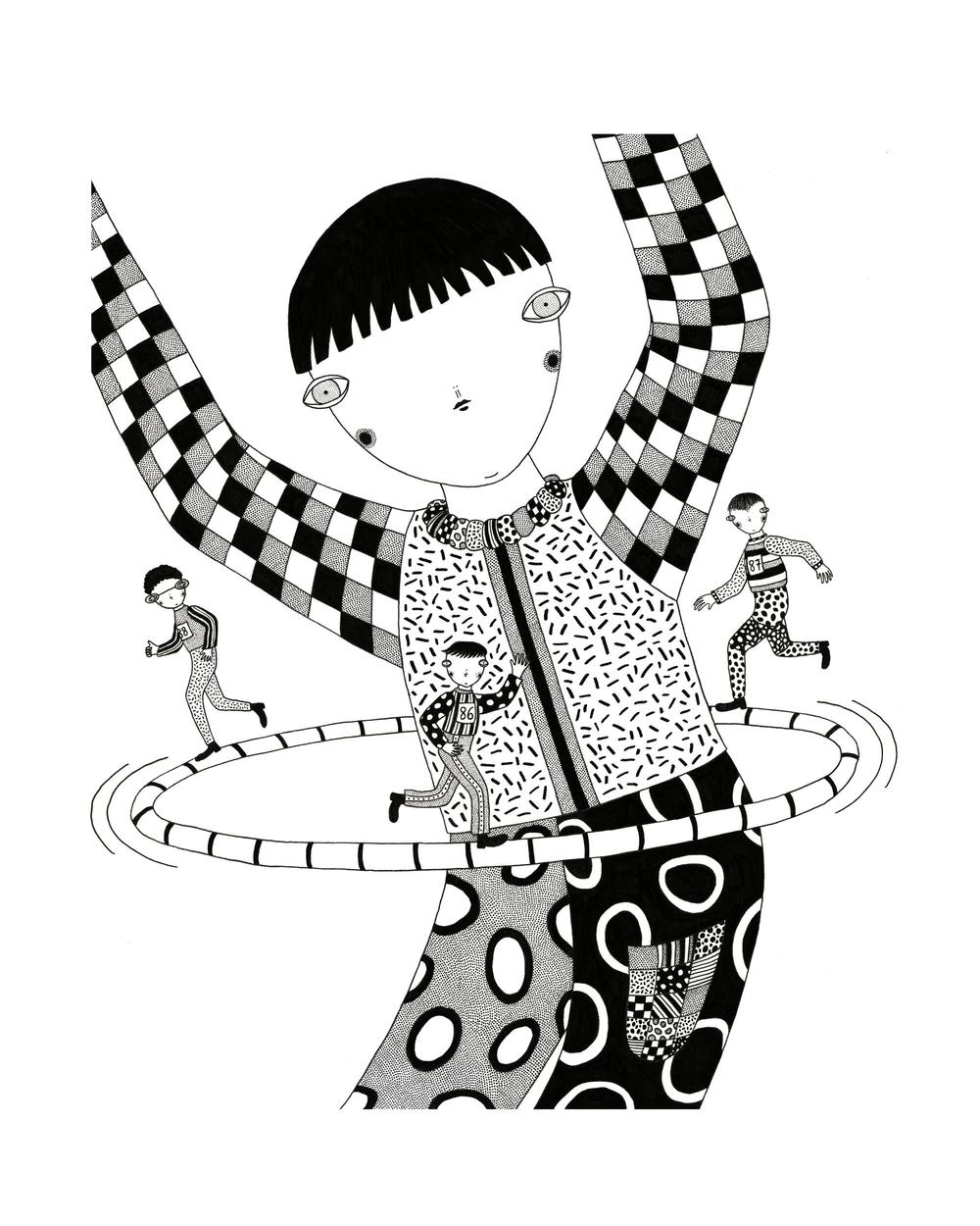A heavily patterned cartoon character is the focus of this detailed, abstract, pen and ink illustration. With arms up, the character is hula-hooping while three smaller characters run on top of the hula hoop.
