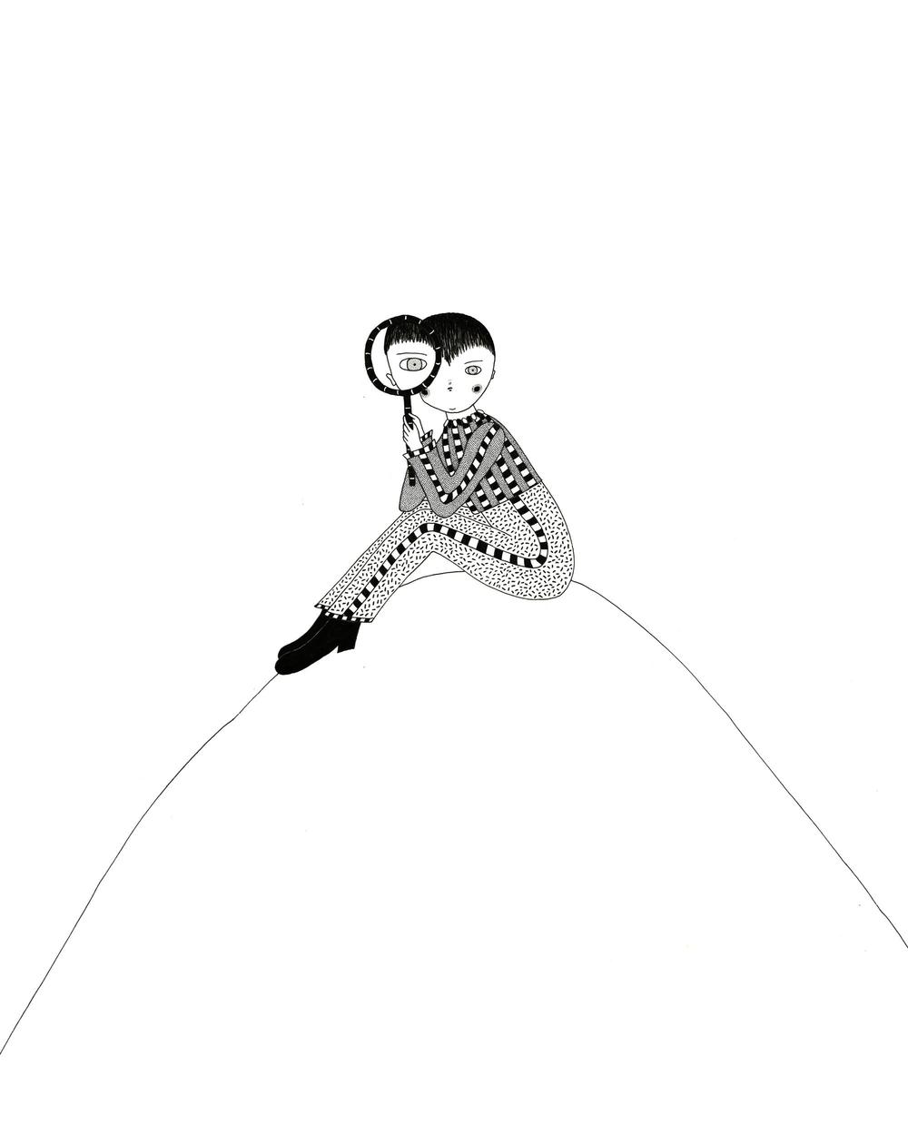 A minimal black and white pen and ink illustration; a cute, androgynous cartoon character sits on top of a hill, holding onto a magnifying glass while looking towards the camera. 