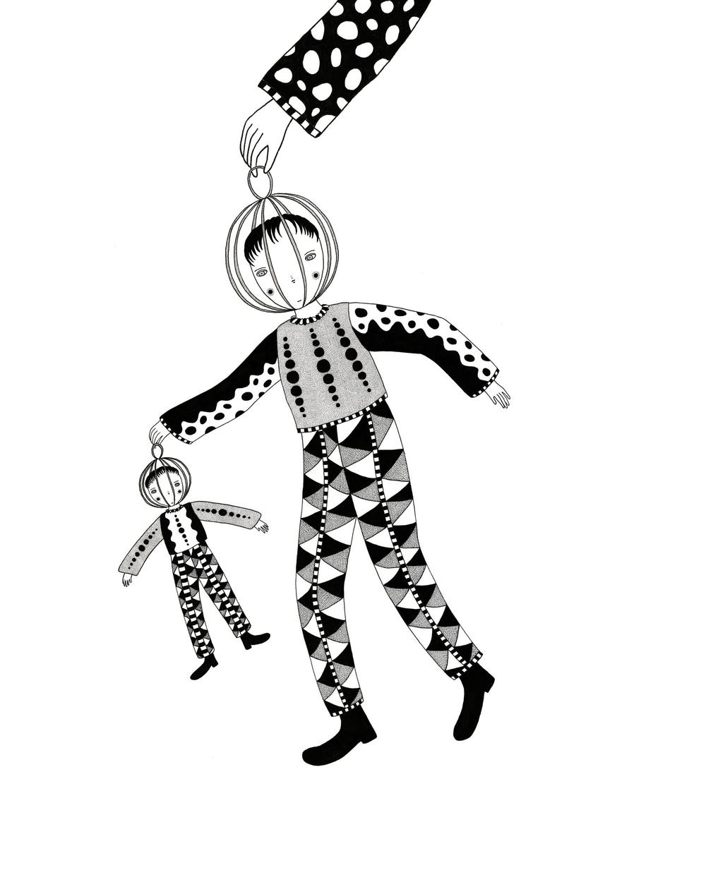 Detailed black and white ink drawing of an androgynous cartoon character dressed in patterned clothing. A birdcage covers the character’s head, and a hand holds onto the handle of it. The character holds onto another birdcage; this cage covers the head of a replicated, toy-like version of the character.
