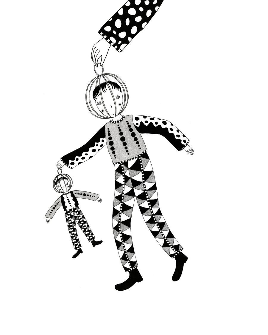 Detailed black and white ink drawing of an androgynous cartoon character dressed in patterned clothing. A birdcage covers the character’s head, and a hand holds onto the handle of it. The character holds onto another birdcage; this cage covers the head of a replicated, toy-like version of the character.